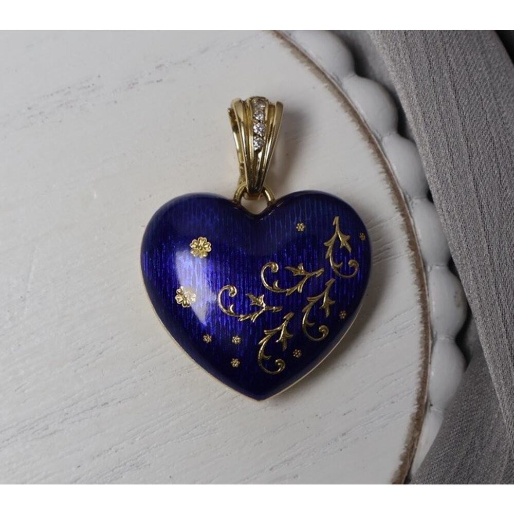 Fabergé 114/300 Vintage 18k Guilloché Enamel Heart Enhancer Pendant 12.40G/1.4in